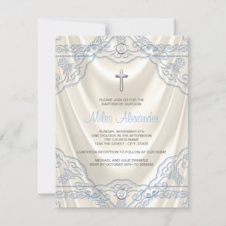 Boys Beige Ivory and Blue Baptism Christening Invitation