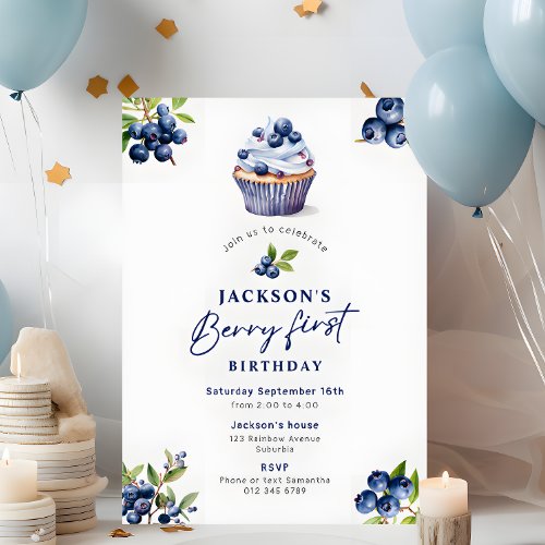 Boys Berry First Birthday Watercolor Blueberries Invitation