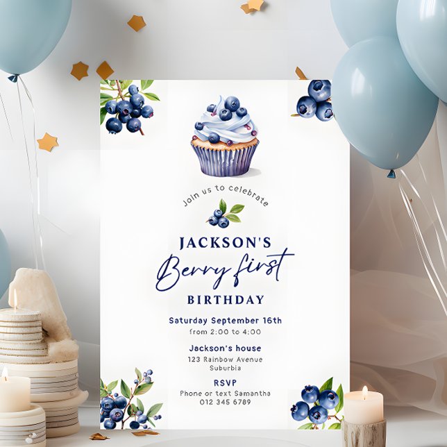 Boy's Berry First Birthday Watercolor Blueberries Invitation (Creator Uploaded)