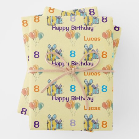 Boys Birthday Add Name & Age Balloons Gifts Wrapping Paper Sheets