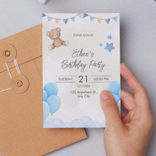 Boys Birthday Celebration Cute Teddy Bear Design Invitation