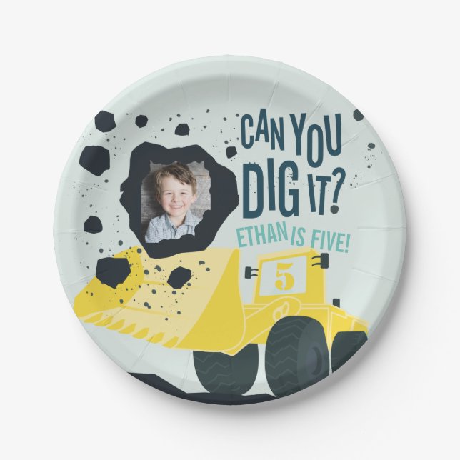 Boys Birthday Construction Truck Blue Yellow Paper Plates (Front)