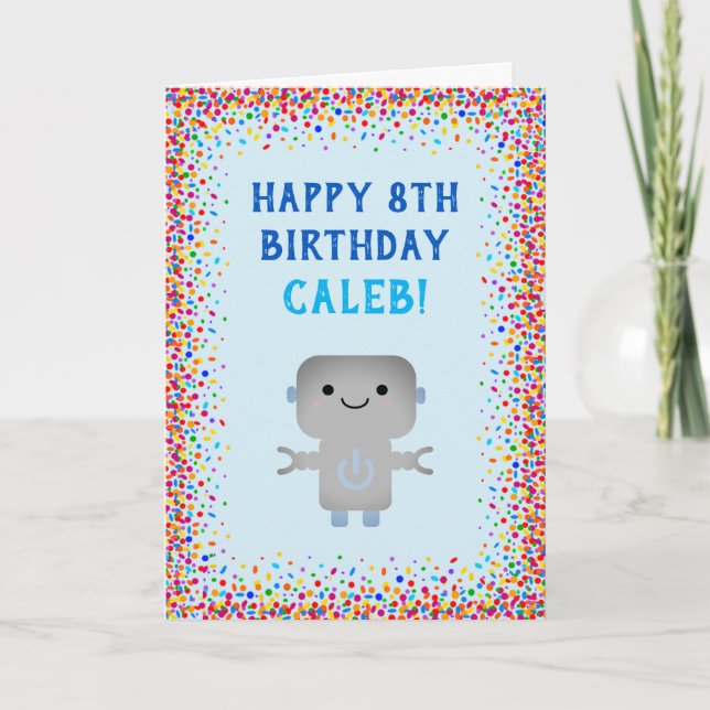Boys Birthday Cute Blue Robot Colorful Confetti Card (Front)