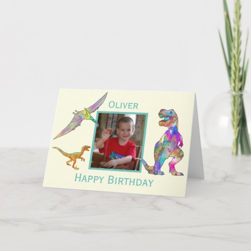 Boys Birthday Dinosaur Colorful T Rex Add Photo Card