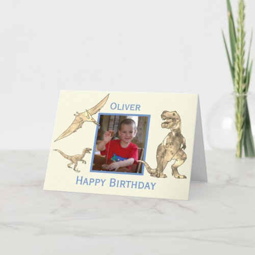 Boys Birthday Dinosaurs T Rex Add Photo and Name Card