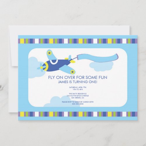 Boys Birthday Invitation Cute Blue Airplane