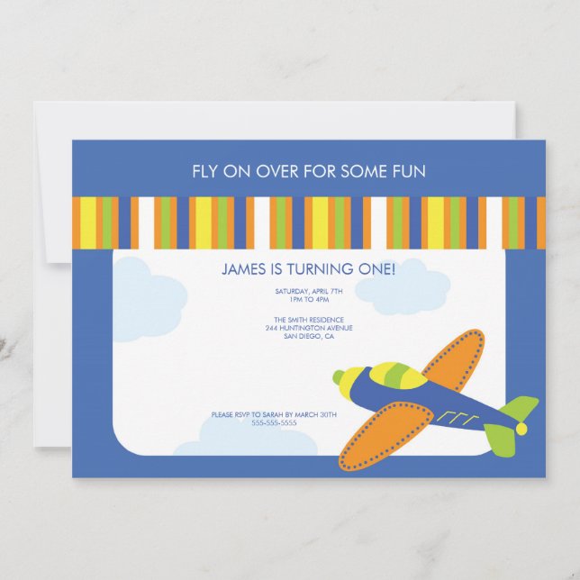 Boy's Birthday Invitation Cute Blue Airplane (Front)