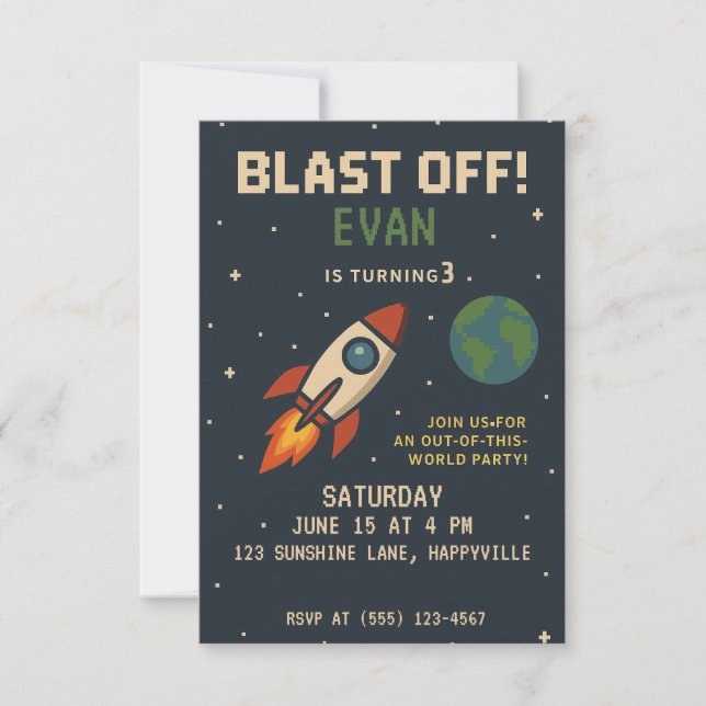 Boys Birthday - outter space space rocketship Invitation (Front)