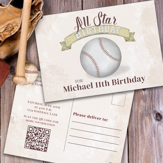 Boys Birthday Party Baseball Custom Invitation Postcard (Creator Uploaded)
