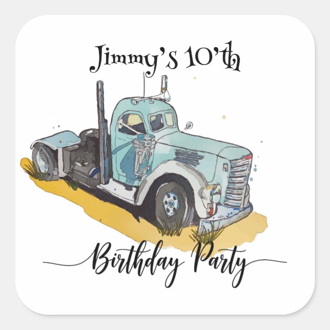 Boys Birthday Party Blue Semi Truck Square Sticker (Front)