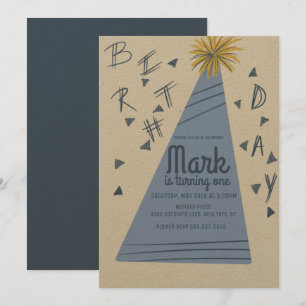 Boys Birthday Party Hat Lettering Kraft Invitation