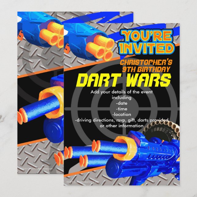 Boys Birthday Party Invitation Dart Wars (Front/Back)