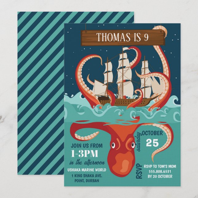 Boys Birthday Party Kraken Invitation (Front/Back)
