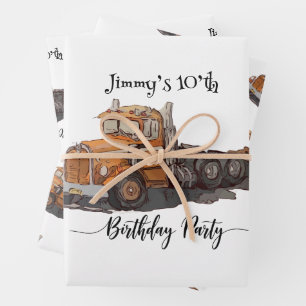 Boys Birthday Party Orange Semi Truck Wrapping Paper Sheets