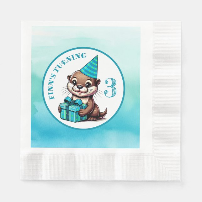 Boy's Birthday Party Otter Themed Personalized Napkins (Front)