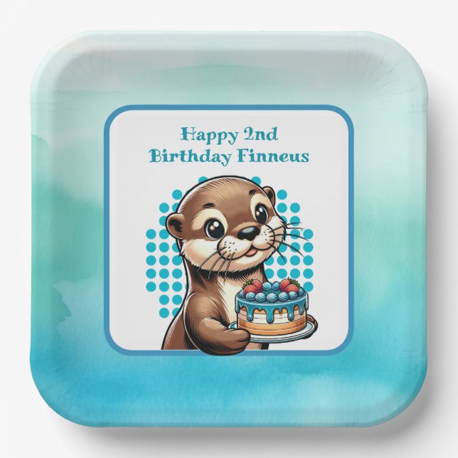 Boy's Birthday Party Otter Themed Personalized Paper Plates (Front)