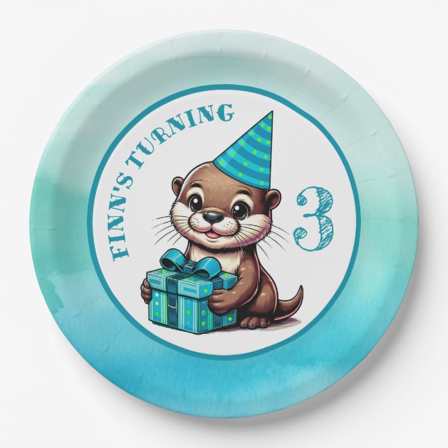 Boy's Birthday Party Otter Themed Personalized Paper Plates (Front)