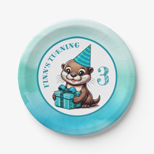 Boy's Birthday Party Otter Themed Personalized Paper Plates (Front)
