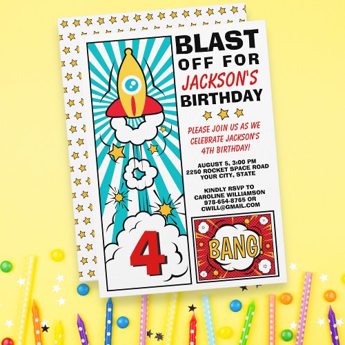 Boys Birthday Party Rocket Space Ship Blast Off Invitation