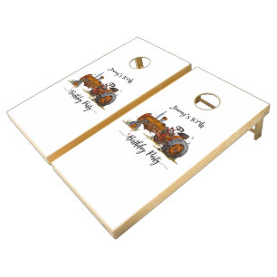 Boys birthday party with antique tractor design cornhole set