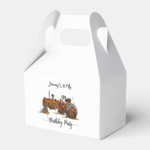 Boys birthday party with antique tractor design favor boxes