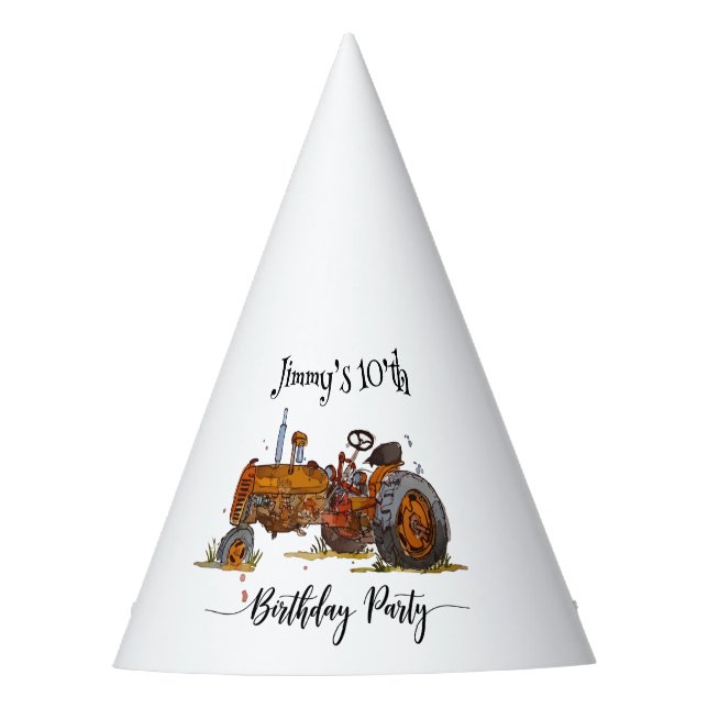 Boys birthday party with antique tractor design hat (Front)
