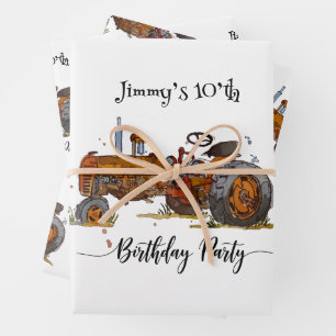 Boys birthday party with antique tractor design wrapping paper sheets