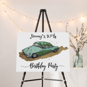 Boys birthday party with two toned sedan foam board