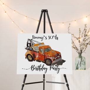 Boys birthday party with wrecker foam board