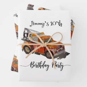 Boys birthday party with wrecker wrapping paper sheets