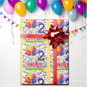 Boy's Birthday Personalize Name & Age Colorful Wrapping Paper
