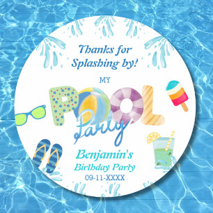 Boys Birthday Pool Party Favor Thank You Classic Round Sticker