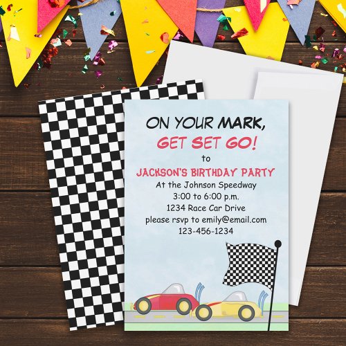 Boys Birthday Race Cars Modern Checkered Flag  Invitation