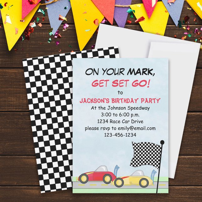 Boys Birthday Race Cars Modern Checkered Flag  Invitation (Creator Uploaded)