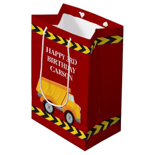 Boys Birthday Red Dump Truck Custom Kids Medium Gift Bag (Front Angled)