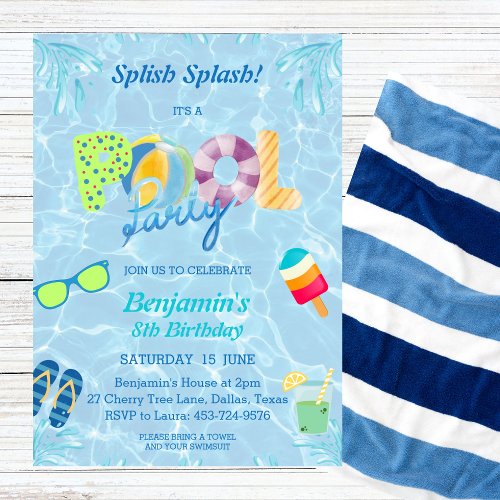 Boys Birthday Splish Splash Pool Party Invitation