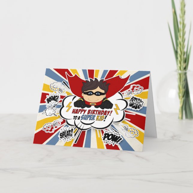 Boys Birthday Super Kid Red and Blue Comic Book Card (Front)
