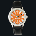 Boys black orange and white name wrist watch<br><div class="desc">Graphic art kids easy to read dial wrist watch. Great for school age boys learning to read a clock as features both minutes and hours. Customise with your name example reads Fletcher. Great for school and sports as features your boys name.</div>