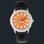 Boys black orange and white name wrist watch<br><div class="desc">Graphic art kids easy to read dial wrist watch. Great for school age boys learning to read a clock as features both minutes and hours. Customise with your name example reads Fletcher. Great for school and sports as features your boys name.</div>