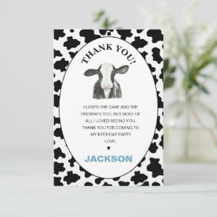 Boys Black White Cow Print Birthday Thank You Card
