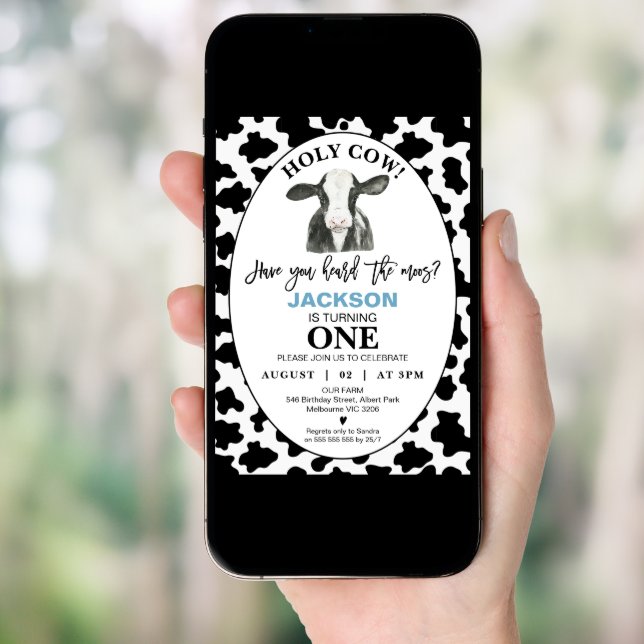 Boys Black White Cow Print Holy Cow 1st Birthday Invitation (Front Digital)