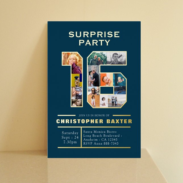 Boys Blue 16th Birthday Photo  Foil Invitation (Creator Uploaded)