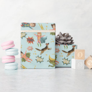 Boys Blue Action Superhero Kids Birthday Wrapping Paper