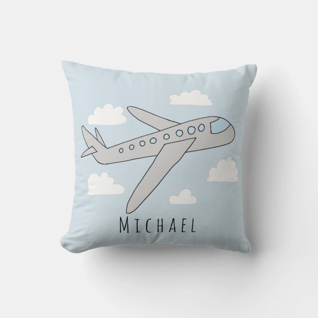 Boys Blue Airplane Travel Design and Name Nursery Throw Pillow (Front)
