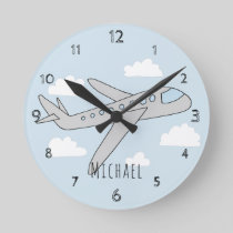 Boys Blue Airplane Travel Design with Name Round Clock