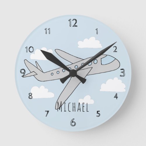Boys Blue Airplane Travel Design with Name Round Clock