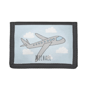 Boy's Blue Airplane Travel Design with Name Tri-fold Wallet