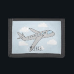 Boy's Blue Airplane Travel Design with Name Trifold Wallet<br><div class="desc">This transport themed airplane wallet design features a hand-drawn doodle airplane with a background of blue sky and clouds,  and can be personalized with your boy's name. Perfect for an airplane and travel loving kid! Check out our store for other cute designs.</div>