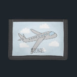 Boy's Blue Airplane Travel Design with Name Trifold Wallet<br><div class="desc">This transport themed airplane wallet design features a hand-drawn doodle airplane with a background of blue sky and clouds,  and can be personalized with your boy's name. Perfect for an airplane and travel loving kid! Check out our store for other cute designs.</div>