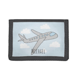 Boy&#39;s Blue Airplane Travel Design with Name Trifold Wallet